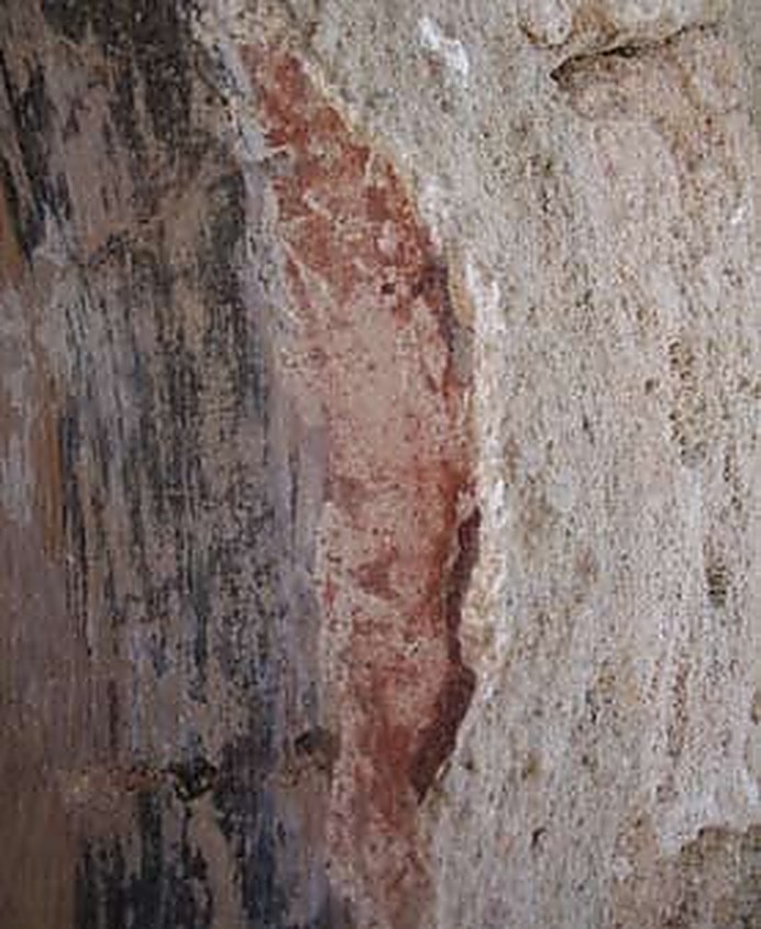 Detall de pintura mural amb pèrdues abans de la restauració