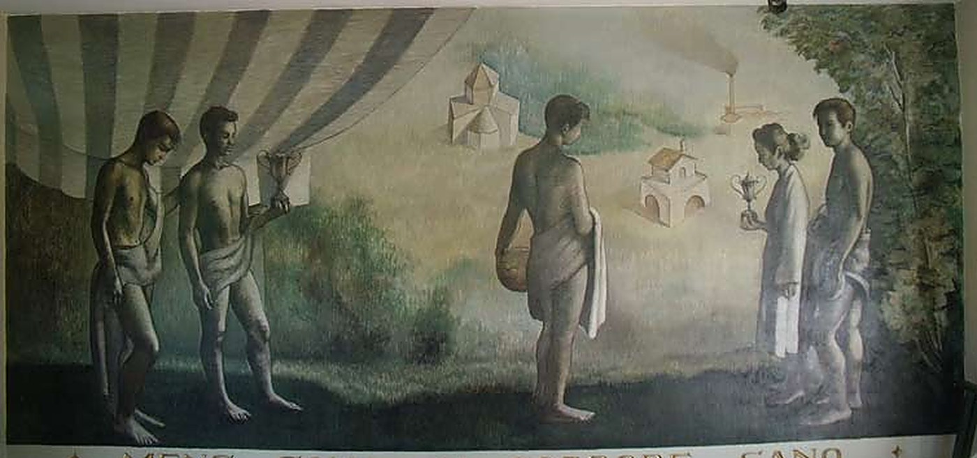 Vista general de la pintura mural de les piscines de Can Marcet