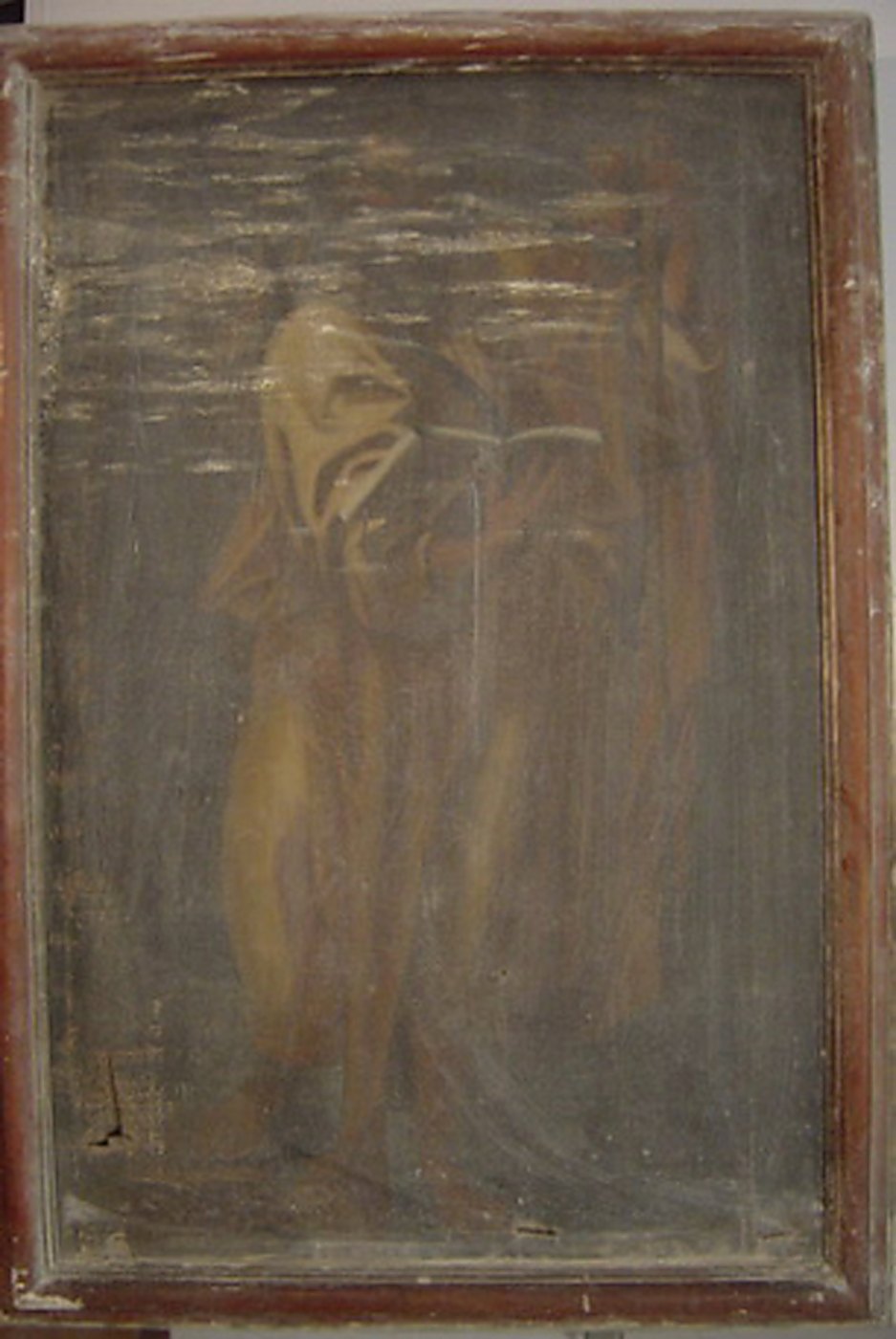 Pintura sobre tela abans de la restauració, amb brutícia i vernís oxidat